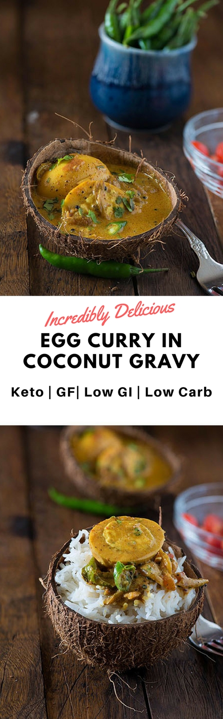 Incredibly delicious Kerala style egg curry cooked in coconut milk. This is also known as Nadan Mutta curry. Hard-boiled eggs are cooked in a typical Kerala style South Indian coconut milk gravy. #LowCarb #Keto #glutenfree #IndianCurry Via @rekhakakkar