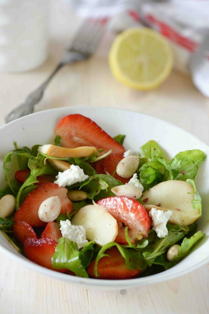 Strawberry and rocket salad is sweet spicy tangy flavourful and healthy salad. What I love most about this salad is a combination of all these delicious flavours in just one salad.