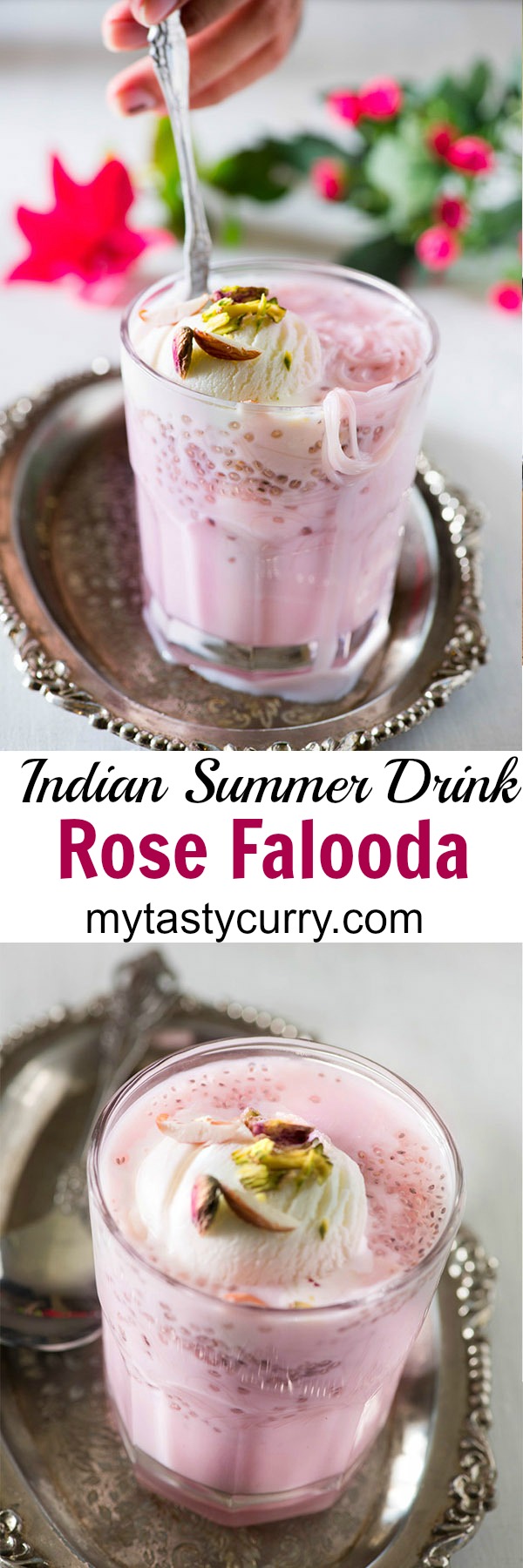 Rose falooda a cooling summer dessert which is rich and delicious. It’s made with milk rose syrup chia seeds and falooda vermicelli and topped with variety of toppings.