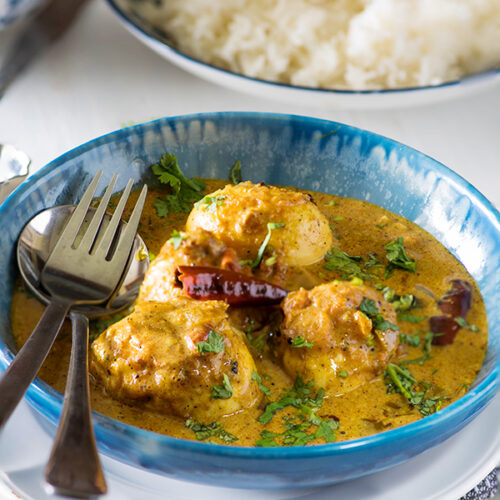 Sri Lankan egg curry is spicy egg curry where fried eggs are cooked in a spicy coconut based gravy. The curry goes best with string hoppers, appams and Sri Lankan string hoppers.