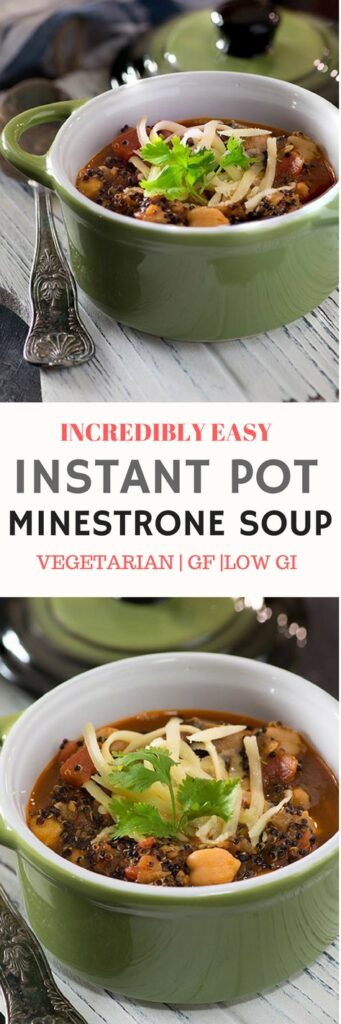 INSTANT POT QUINOA AND CHICKPEAS MINESTRONE SOUP-incredibly easy quinoa soup in electric pressure cooker. It is a gluten-free, low GI, Made from scratch homemade quinoa soup hearty, flavourful Soup & tastes almost like a luscious minestrone soup Its healthy, gluten free, can be made vegan and simple! Easy, fast dinner. via @mytastycurry 