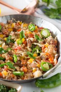 Low carb Cauliflower rice jambalaya recipe is full of flavors. A creole style dish cooked with lots of vegetables and protein-rich beans and spices. Cauliflower rice recipe that is vegan, paleo, Keto, gluten-free ready in 20 Minutes, tastes awesome.