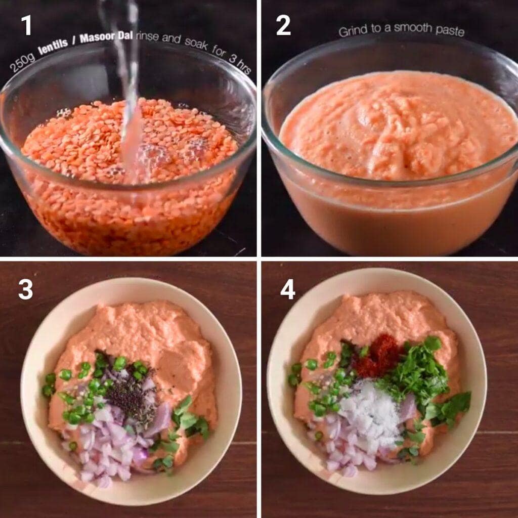 Soaking lentils and making masoor dal pakoda mixture