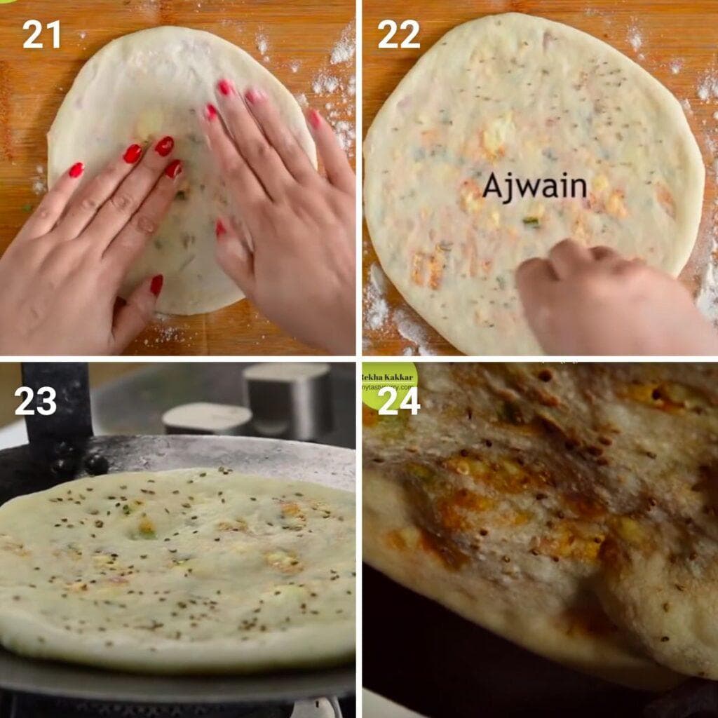 shaping the paratha and cooking it on tawa