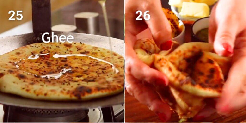 drizzle ghee and crushing the paratha to reveal the layers