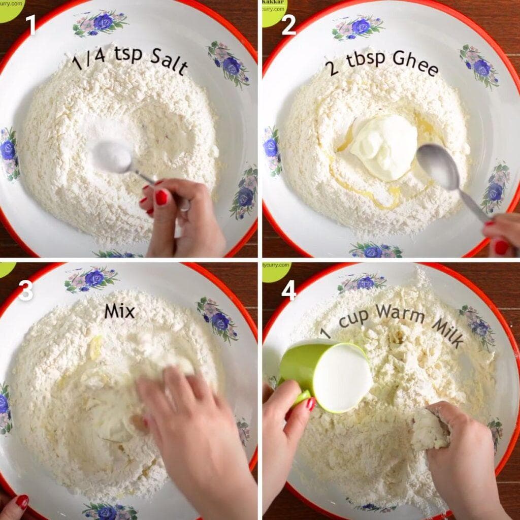 seasoning the flour mixture for kneading the chur chur naan dough