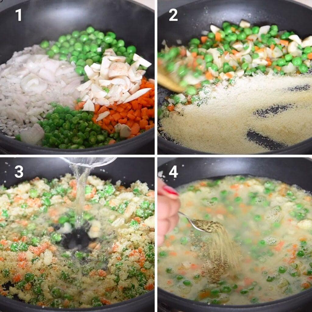 sauteing veggies and roasting sooji for sooji square mixture.