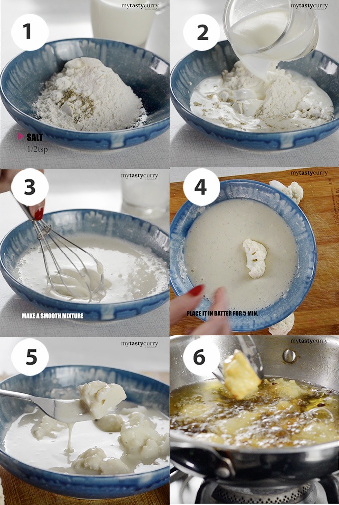 step by step photos of making batter crispy cauliflower