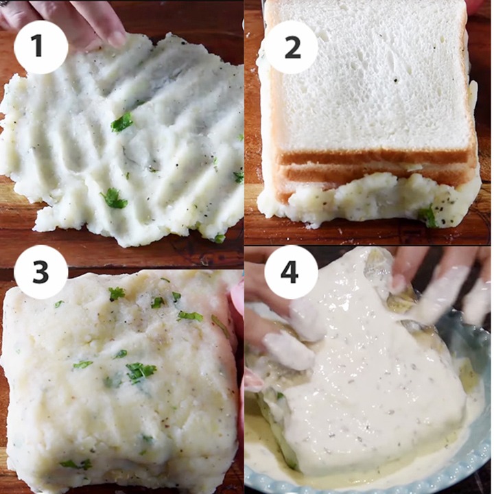 Wrapping bread slices with potato mixture step by step