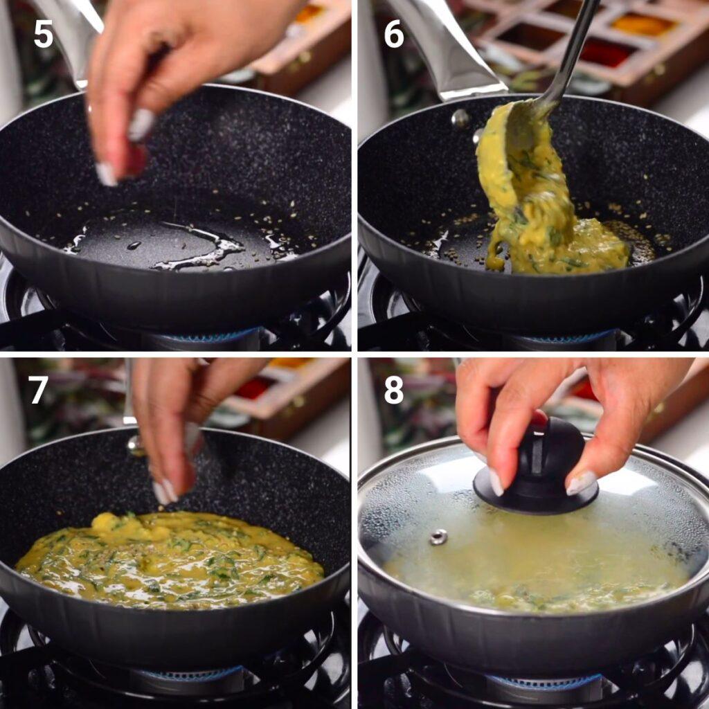 Step 2: cooking spinach cottage cheese pancakes. Spreading the batter