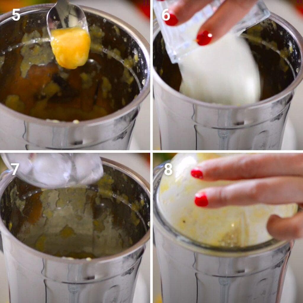 adding curd , ice water and blending for mango lassi