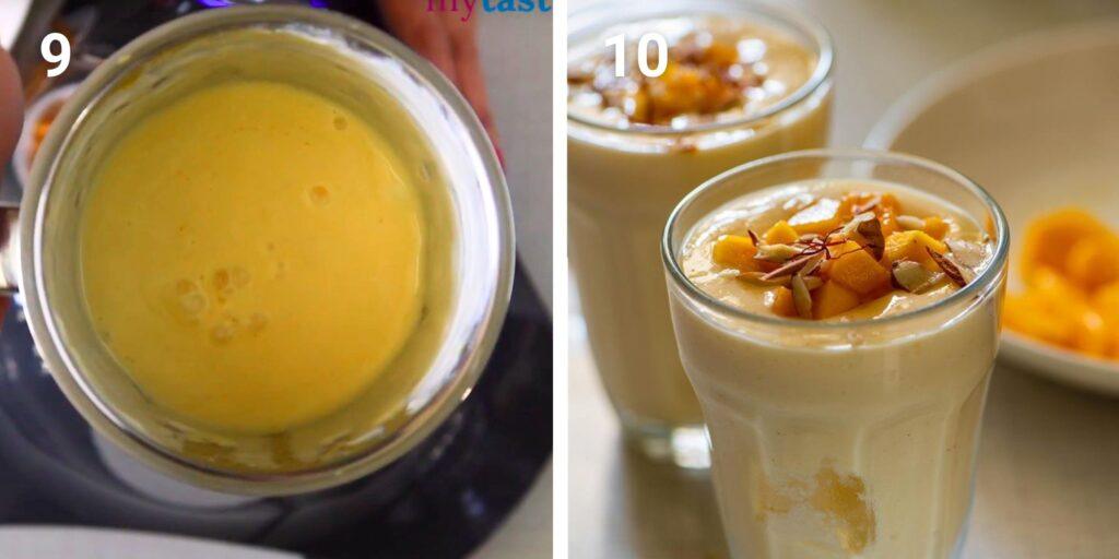 garnish mango lassi with chopped mangoes and dried nuts