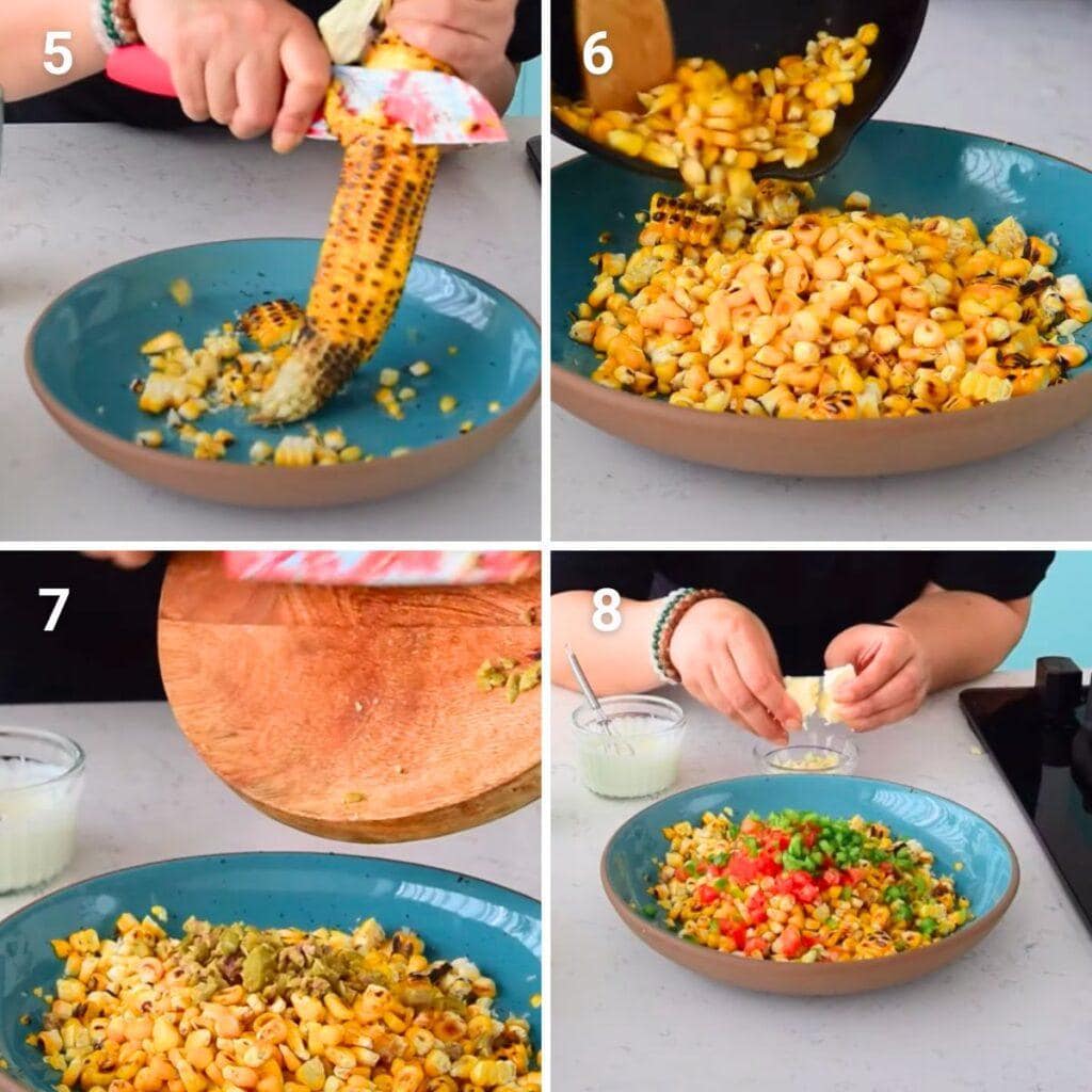 cutting corn and then seasoning for mexican corn salad