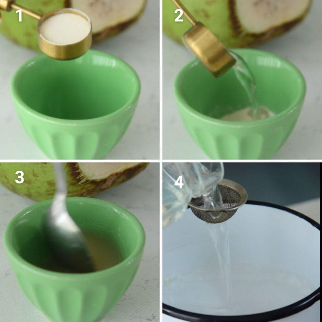 Step by step: Preparing agar agar for Making coconut jelly to use in mango sago pudding.