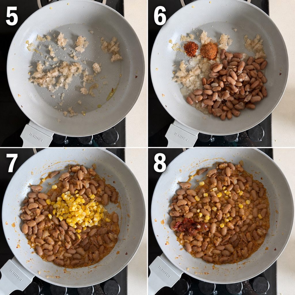 Steps showing seasoned pinto beans cooked with corn and chipotle