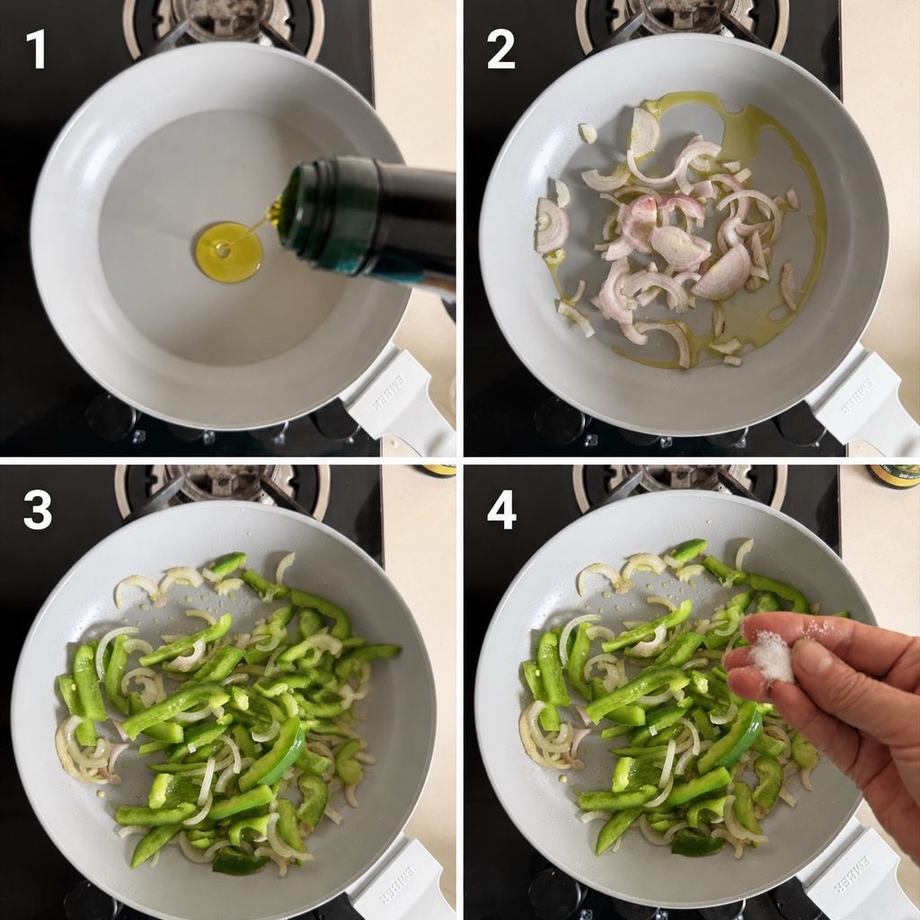 Steps showing oil, onion and green bell pepper being sautƩed for bean burritos