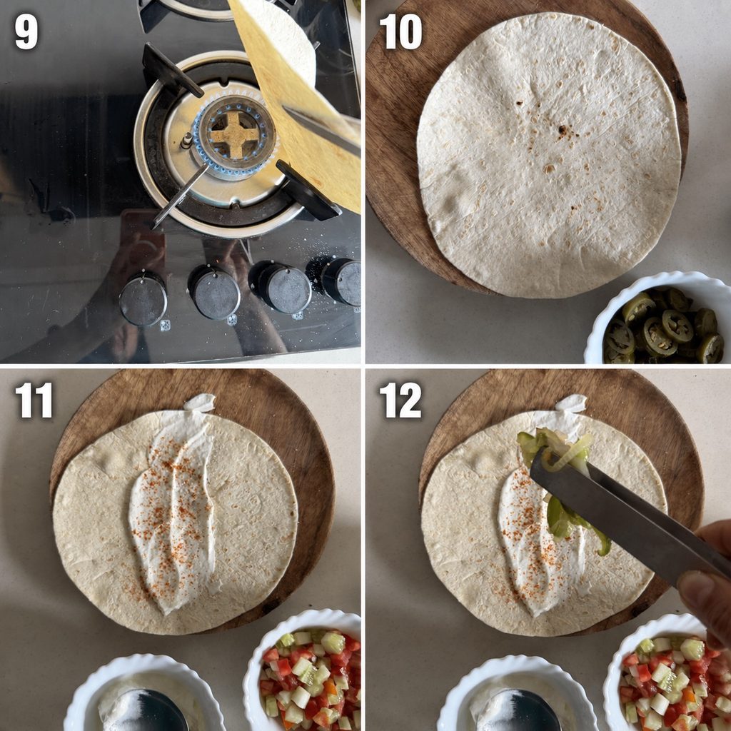 Steps showing a tortilla being warmed and topped with yogurt and sautƩed peppers