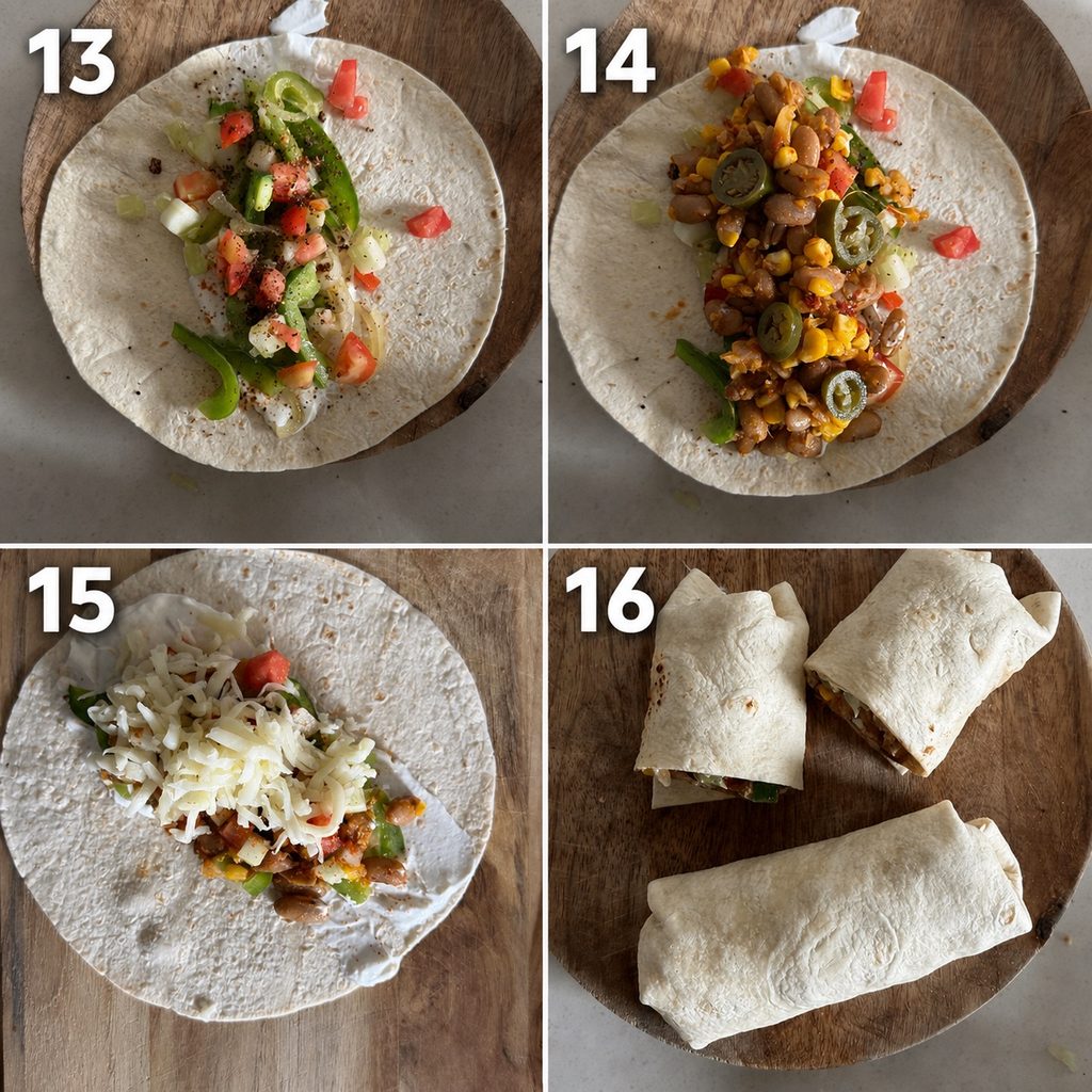 Steps showing vegetables, bean filling, jalapeƱos and cheese added before rolling the burritos